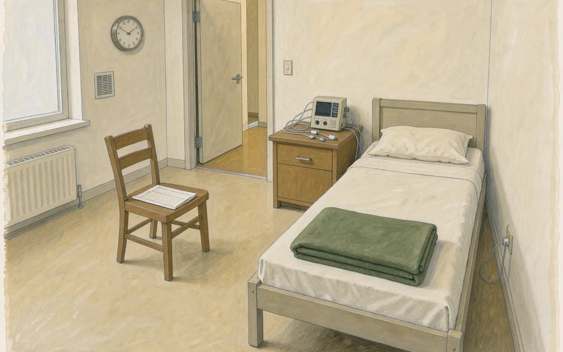 Painted empty sleep laboratory bed with a folded green blanket and coiled recording leads