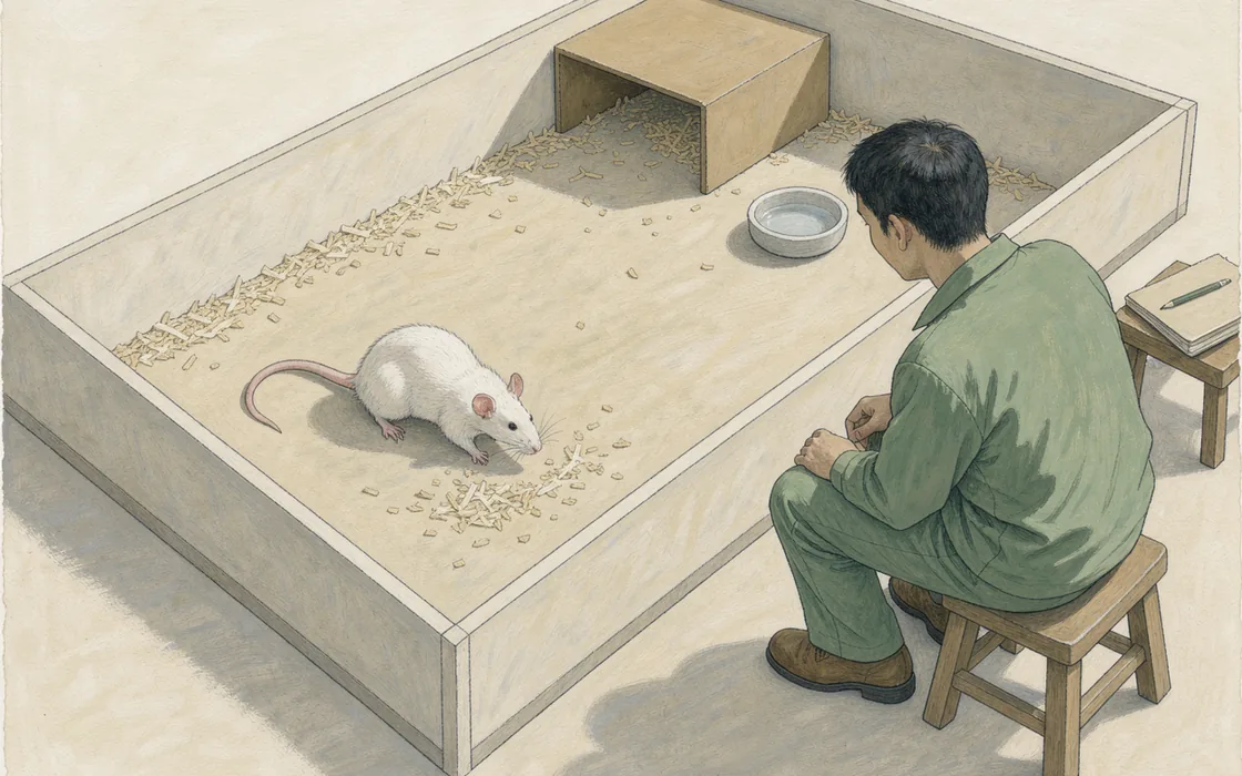 Illustration of a technician observing a laboratory rat in a broad open enclosure