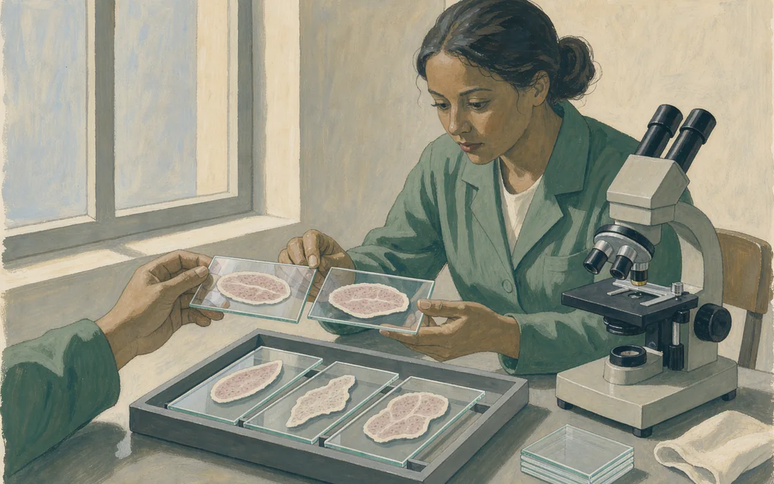 Illustrated technician comparing tissue slides beside a microscope and a tray of sections