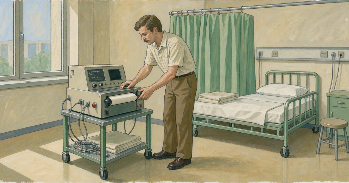 Gouache illustration of a technician checking a recorder beside an empty sleep laboratory bed