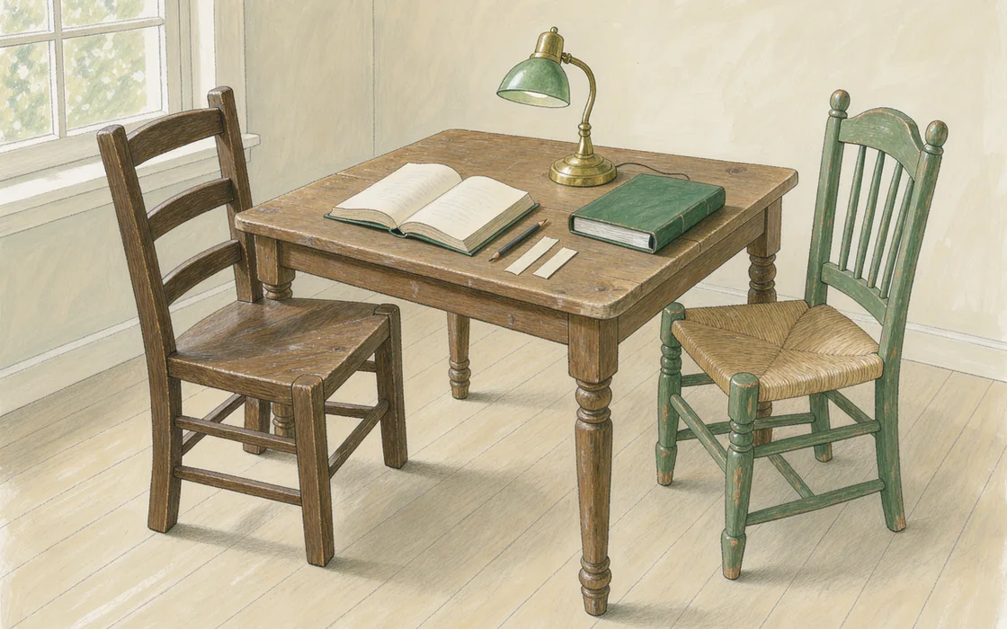 Illustration of two empty wooden chairs beside an open book and a green-shaded lamp